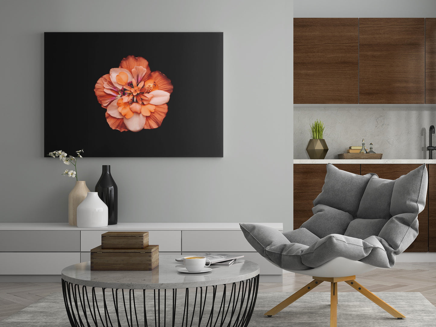 Bunte Blüte - schwarzer Hintergrund - Poster oder Leinwand