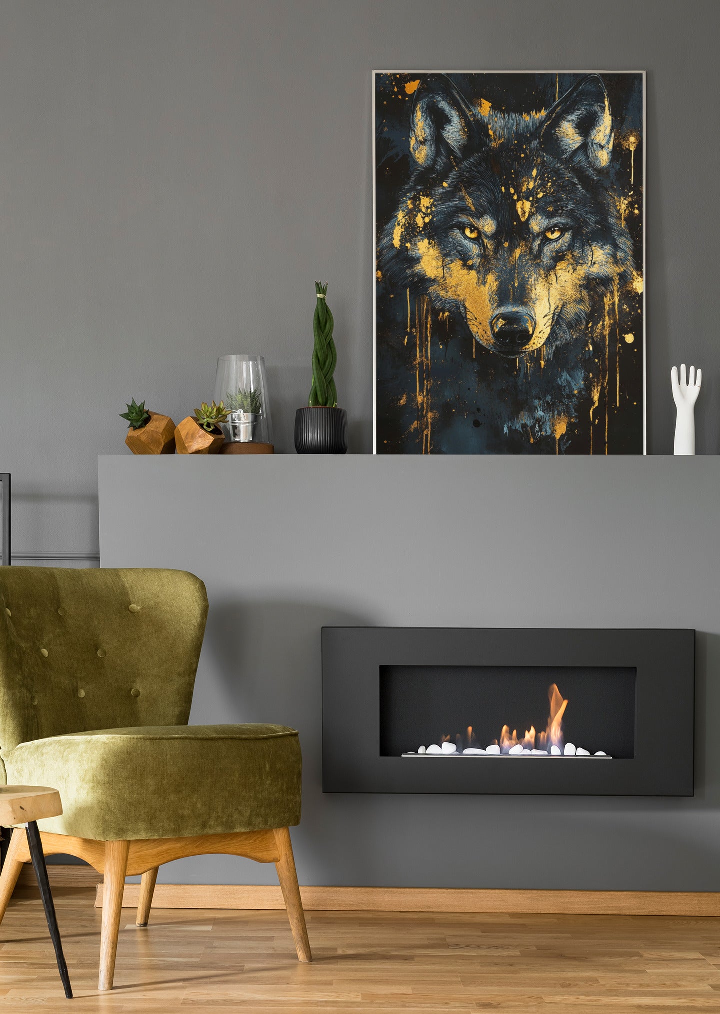 Schwarz Golder Wolf - Poster oder Leinwand
